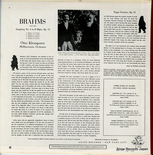 KLEMPERER, OTTO brahms; symphony no.2 / tragic overture ANGEL35532