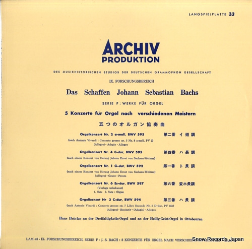 HEINTZE, HANS bach; 5 konzerte fur orgel nach verschiedenen meistern LAM-45