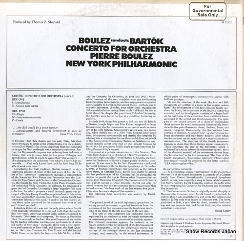BOULEZ, PIERRE bartok; cocerto for orchestra M32132