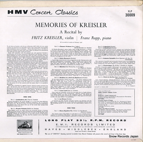 KREISLER, FRITZ memories of kreisler XLP30009