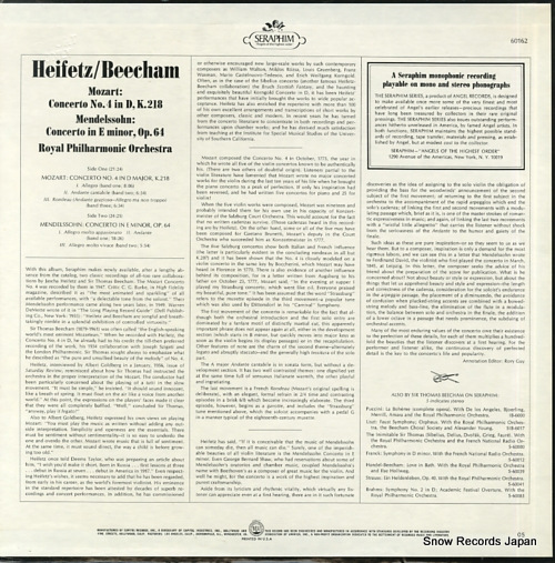HEIFETZ, JASCHA / SIR THOMAS BEECHAM mendelssohn; concerto in e minor / mozart; concerto no.4 in d 60162