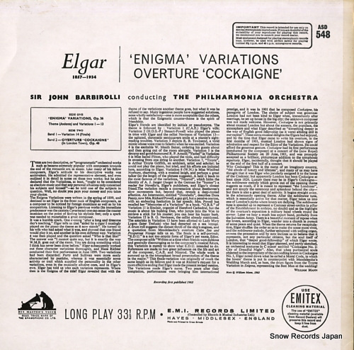 BARBIROLLI, SIR JOHN elgar: enigma variations / cockaigne overture ASD548