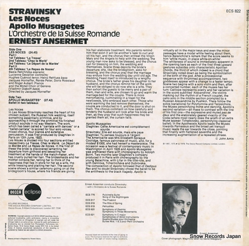 ANSERMET, ERNEST stravinsky; les noces apollo musagetes ECS822