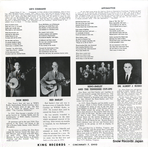 RENO AND SMILEY folk songs of the civil war KING756 - back cover
