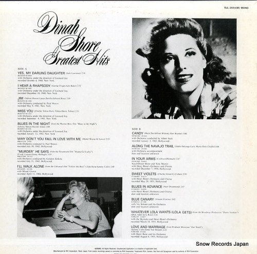 SHORE, DINAH dinah shore greatest hits RJL-2654