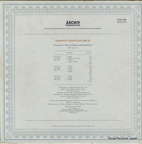 WENZINGER, AUGUST j.s.bach; 3 sonatas for viola da gamba & harpsichord 2533009
