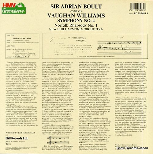 BOULT, SIR ADRIAN vaughan williams; symphony no.4 ED2904171