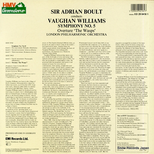 BOULT, SIR ADRIAN vaughan williams; symphony no.5 ED2904181