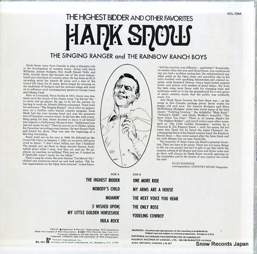 SNOW, HANK the highest bidder and other favorites ACL-7044 - back cover