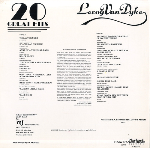 DYKE, LEROY VAN 20 great hits L-12334 - back cover