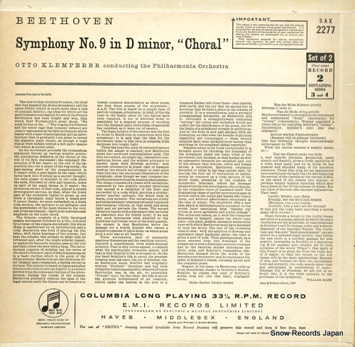 KLEMPERER, OTTO beethoven; symphony no.9 