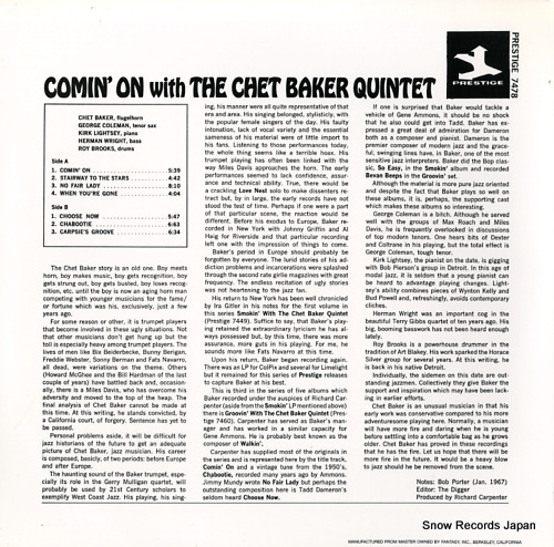 BAKER, CHET comin' on with the chet baker quintet PR-7478