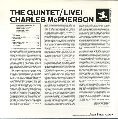MCPHERSON, CHARLES the quintet / live! PR-7480