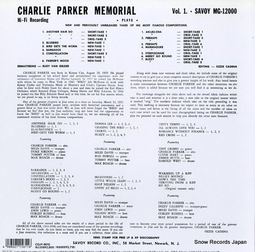 PARKER, CHARLIE charlie parker memorial vol.1 COJY-9012