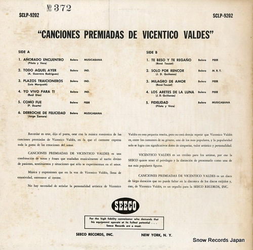 VALDES, VICENTICO canciones premiadas de vicentico valdes SCLP-9202 - back cover