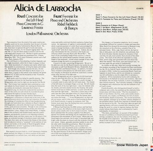 LARROCHA, ALICIA DE ravel; concerto for the left hand piano concerto CS6878