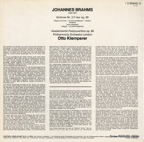KLEMPERER, OTTO brahms; sinfonie nr.3 f-dur op.90/akademiche festouverture op.80 1C053-00473