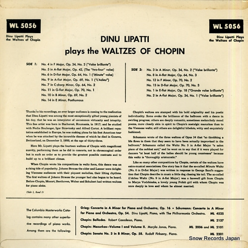 LIPATTI, DINU plays waltzes by chopin WL5056 - back cover