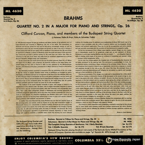 CURZON, CLIFFORD brahms; quartet no.2 in a major for piano and strings ML4630