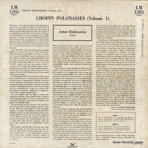 RUBINSTEIN, ARTUR chopin; polonaise volume 1 LM1205