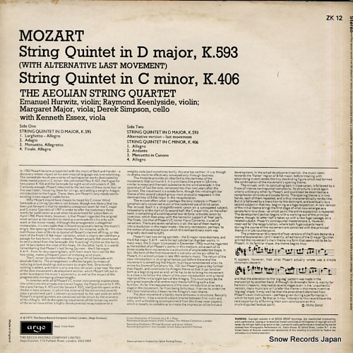 AEOLIAN STRING QUARTET, THE mozart; string quintet in d major & c minor ZK12