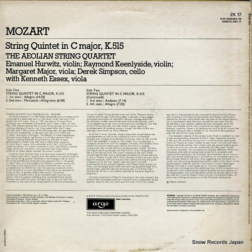 AEOLIAN STRING QUARTET, THE mozart; string quintet in c major, k.515 ZK17