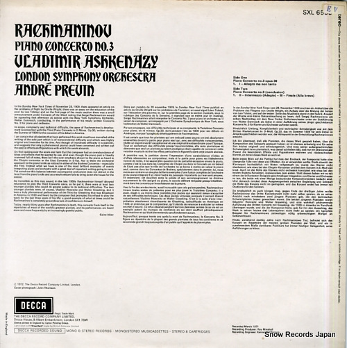 ASHKENAZY, VLADIMIR rachmaninov; piano concerto no.3 SXL6555