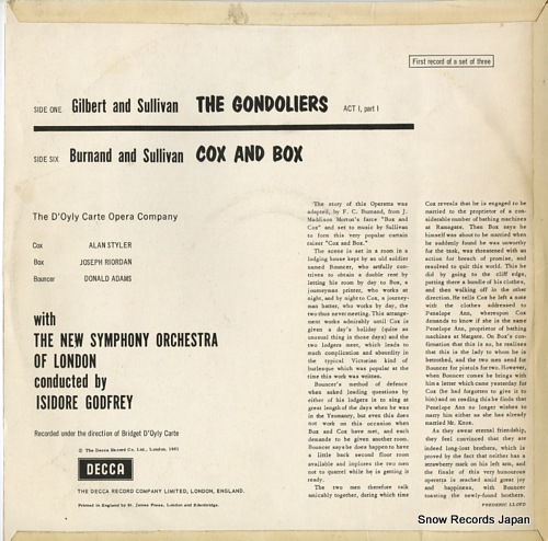 GODFREY, ISIDORE the gondoliers (record 1)/cox and box SKL4138