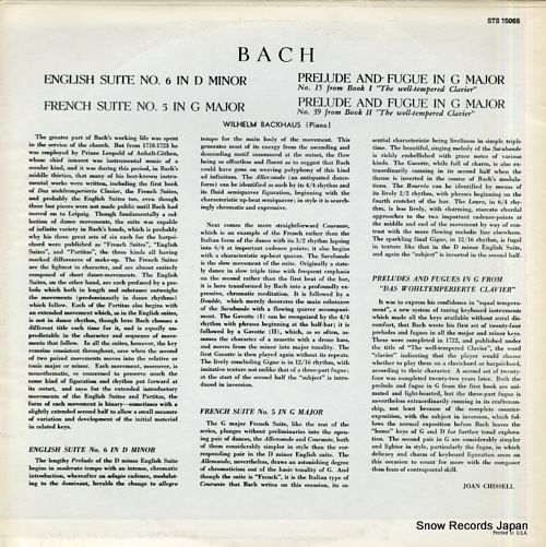 BACKHAUS, WILHELM piano music of bach STS15065