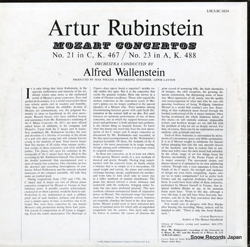 RUBINSTEIN, ARTUR mozart; concertos 21 and 23 LSC-2634