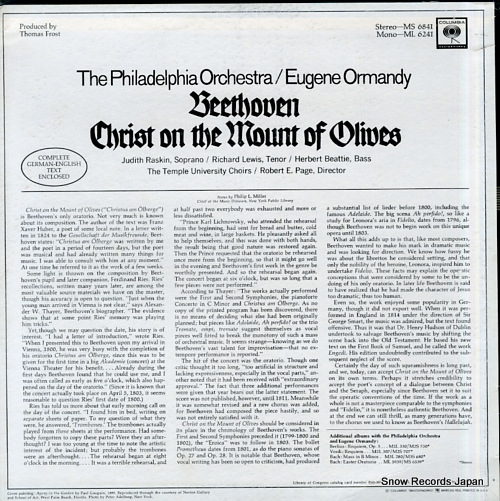 ORMANDY, EUGENE beethoven; christ on the mount of olives MS6841