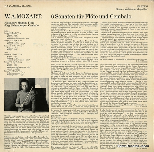 MAGNIN, ALEXANDRE, AND JORG EICHENBERGER mozart; 6 sonaten fur flote und cembalo SM92906