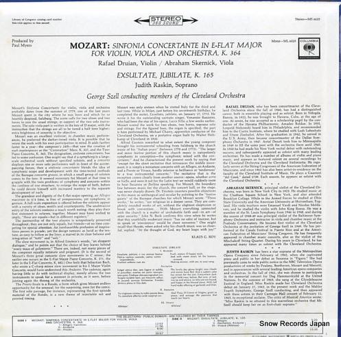 SZELL, GEORGE mozart; sinfonia concertante in e-flat major for violin viola and orchestra MS6625