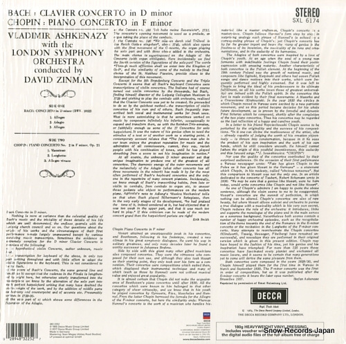 ASHKENAZY, VLADIMIR bach; clavier concerto in d minor SXL6174
