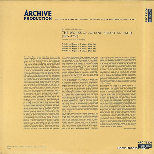 WALCHA, HELMUT bach; preludes and fugues ARC73206