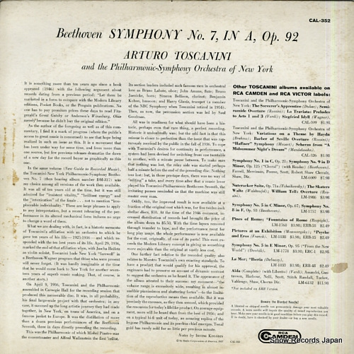 TOSCANINI, ARTURO beethoven; seventh symphony CAL-352