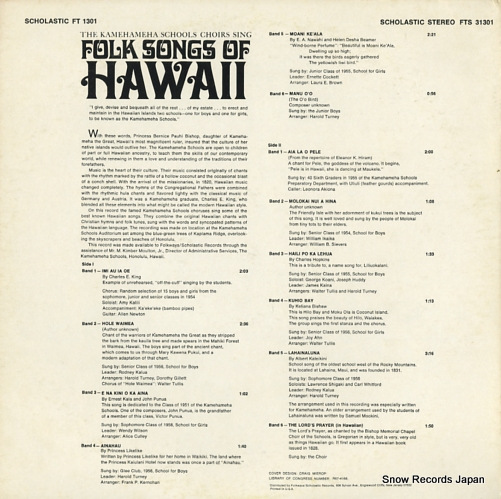 KAMEHAMEHA SCHOOLS CHOIRS SING, THE folk songs of hawaii FTS31301