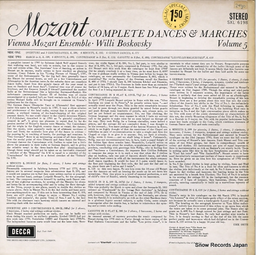 BOSKOVSKY, WILLI mozart; complete dances & marches volume 5 SXL6198
