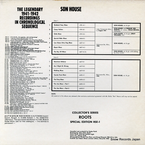 SON HOUSE the legendary 1941-1942 recordingfs in chronological sequence RSE-1