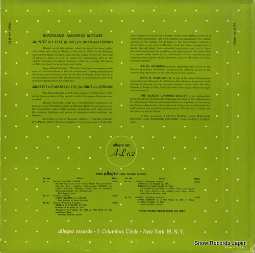 BARROWS, JOHN mozart; quintet in e flat (k.407) for horn and strings AL62