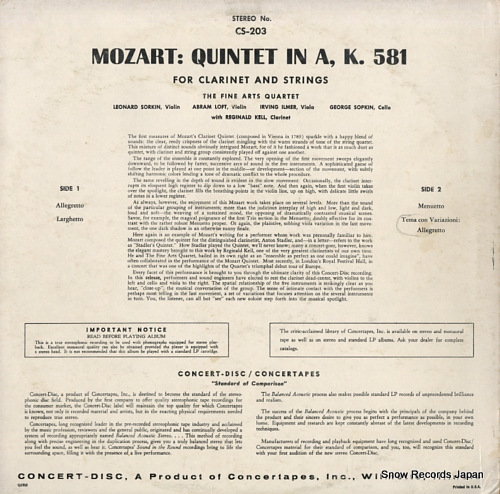 FINE ARTS QUARTET, THE, AND REGINALD KELL mozart; quintet for clarinet and strings in a major, k. 581 CS-203