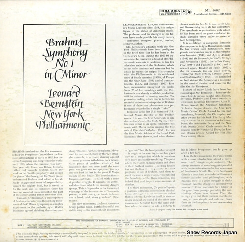 BERNSTEIN, LEONARD brahms; symphony no.1 in c minor ML5602