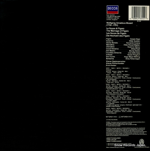 KLEIBER, ERICH mozart; le nozze di figaro 417315-1