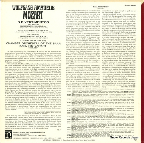 RISTENPART, KARL mozart; 3 divertimentos H-71207 - back cover