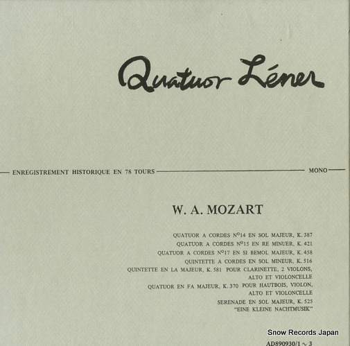LENER QUATUOR mozart; enregistrement historique en 78 tours AD890930 - front cover