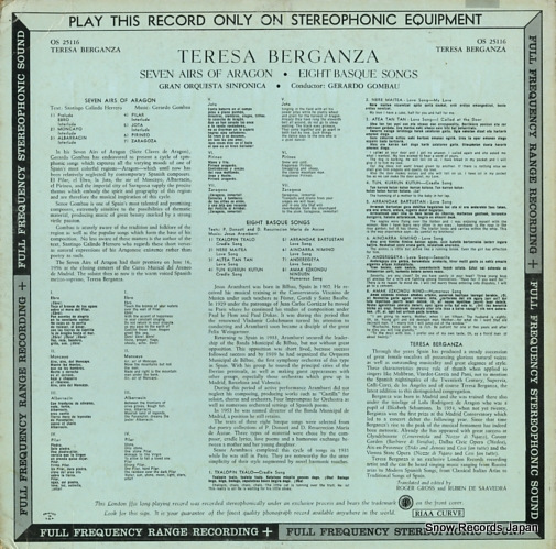 BERGANZA, TERESA seven airs of aragon eight basque songs OS25116
