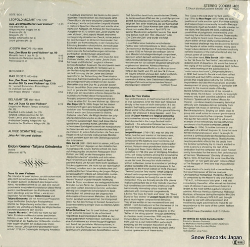 KREMER, GIDON, AND TATJANA GRINDENKO ausgewahlte duosduos von mozart, haydn, reger, bartok, schnittke 200083-405