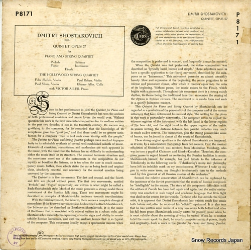 HOLLYWOOD STRING QUARTET, THE shostakovich; quintet opus 57 for piano and string quartet P-8171