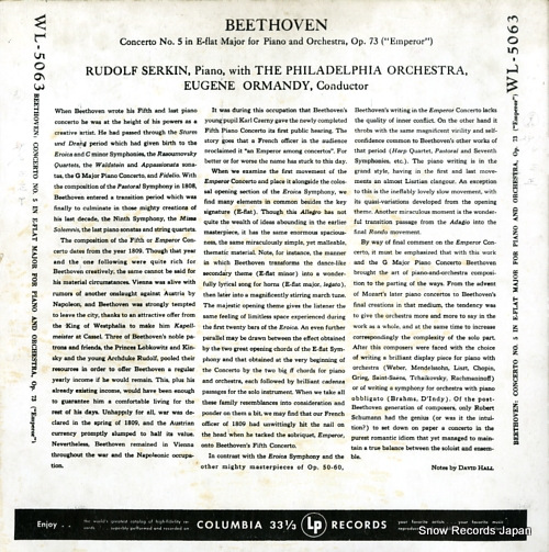 SERKIN, RUDOLF beethoven; concerto no.5 in e-flat major WL-5063