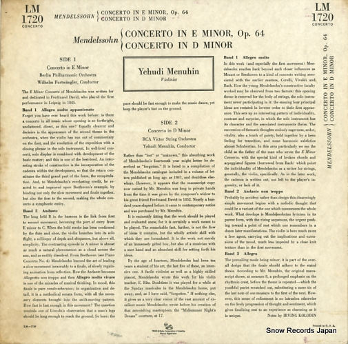 MENUHIN, YEHUDI mendelssohn; concerto in e minor/concerto in d minor LM1720